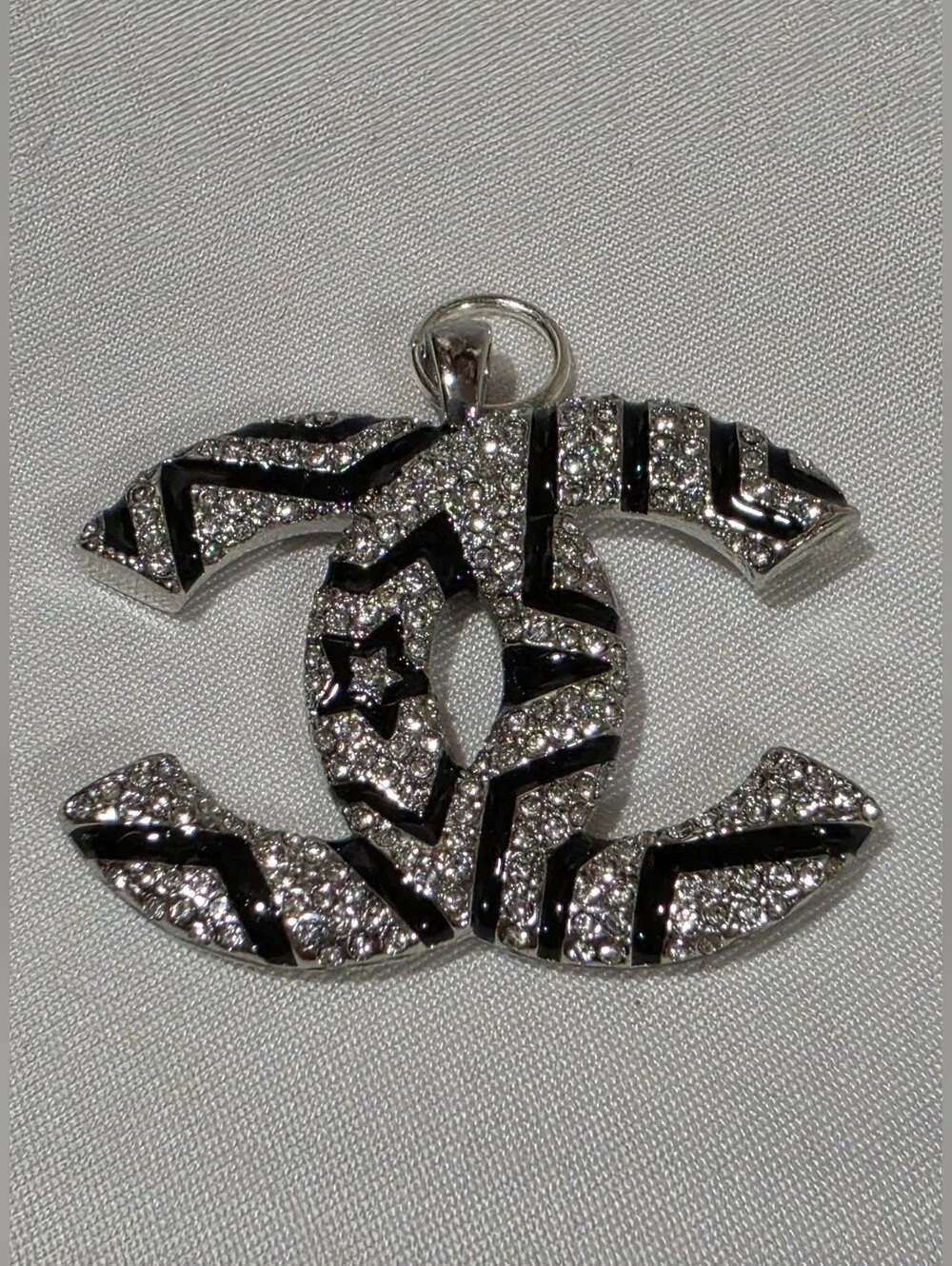 CHANEL Black and Silver Crystal CC Logo Pendant Charm
